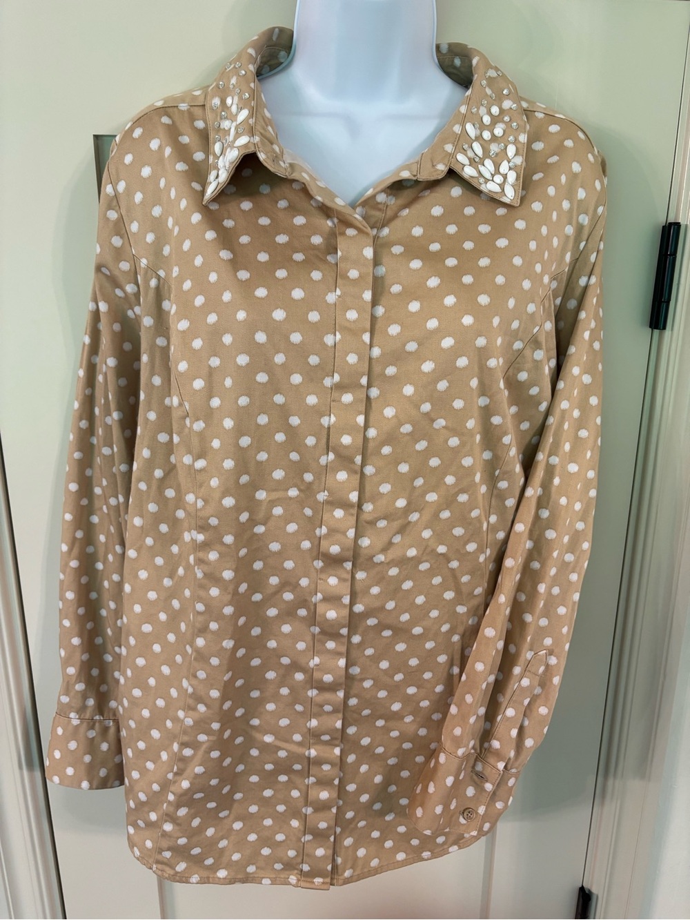 Lane Bryant Rhinestone Embellished Bling Collar Polka Dot Button Down Tan Cream